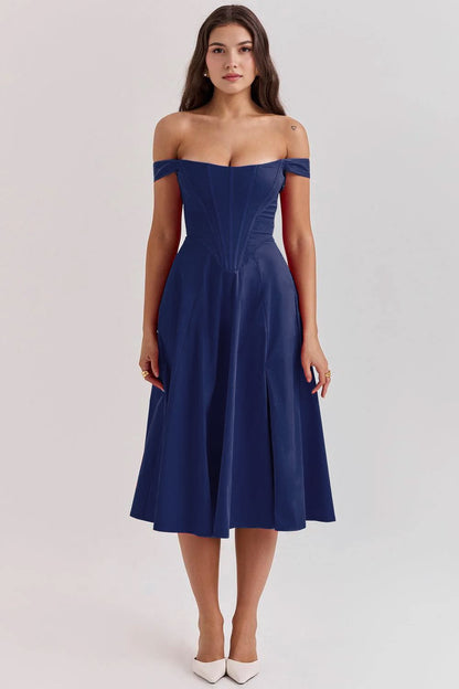 Romantisches Blumen-Midikleid mit Korsett-Design Romantisches Blumen-Midikleid mit Korsett-Design Rosa Chic Marineblau S 